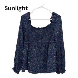 Umgee Womens Floral Print Smocked Front Peasant Top Blouse  Navy & Pink SZ M